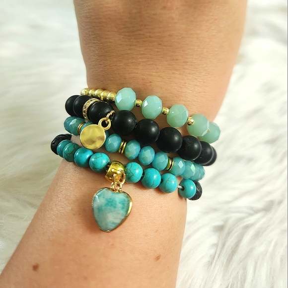 NWT Ryze Natural Stone Larimar & Lava Rock Beaded Staxx Bracelets - Set of 4 - Picture 7 of 8